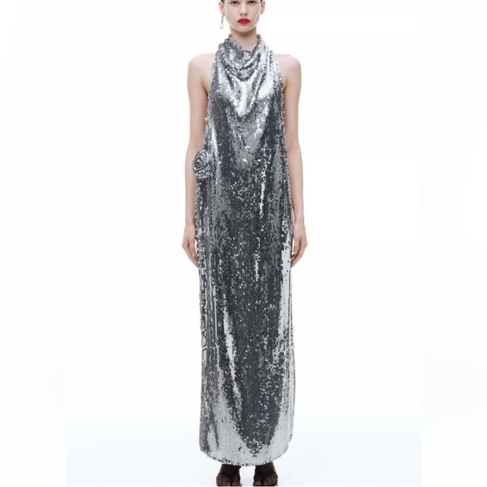 NWT MAGDA BUTRYM H&M SEQUINED MAXI DRESS WITH ROSE APPLIQUÉ